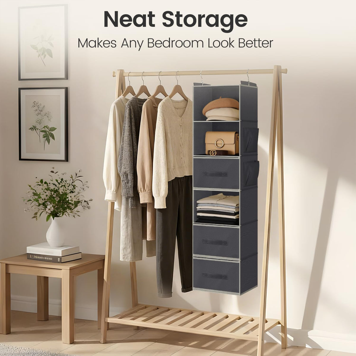 Hanging Closet Organizer 6-Shelf with 3 Drawers & Side Pockets, Closet Organizers and Storage for Dorm, Nursery & Wardrobe Organization, Hanging Shelf Clothes Organizer for Sweaters, Shoes, Gray