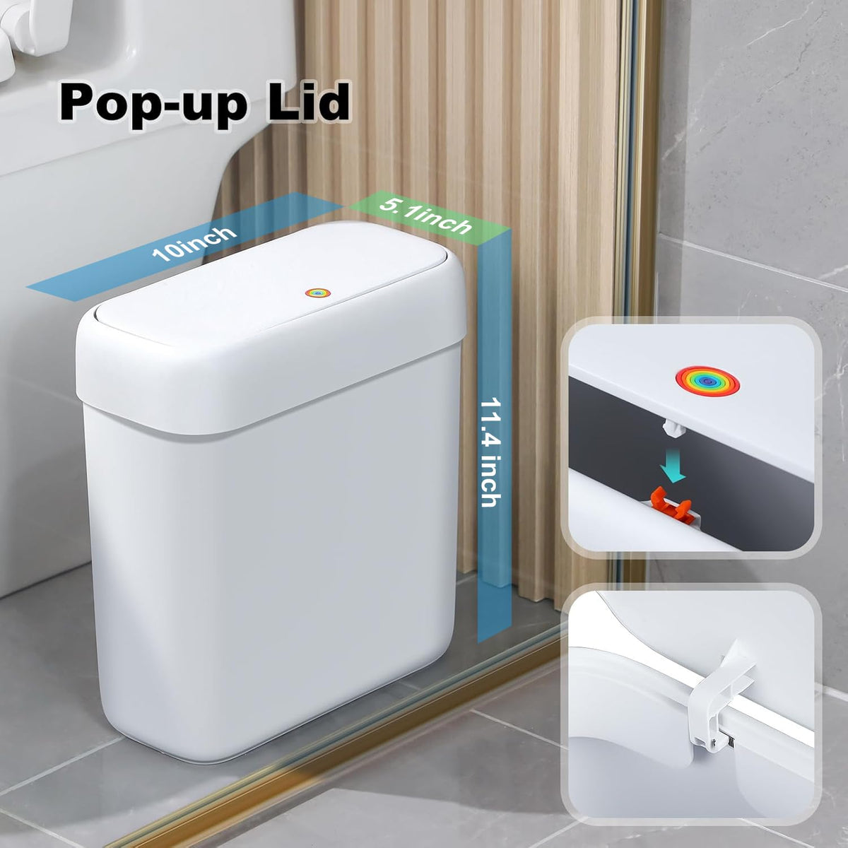 Bathroom Small Trash Can with Lid,10L / 2.7 Gallon Slim Garbage Bin Wastebasket with Press Top Lid for Bedroom,Rv,Office,Kitchen,Craft Room