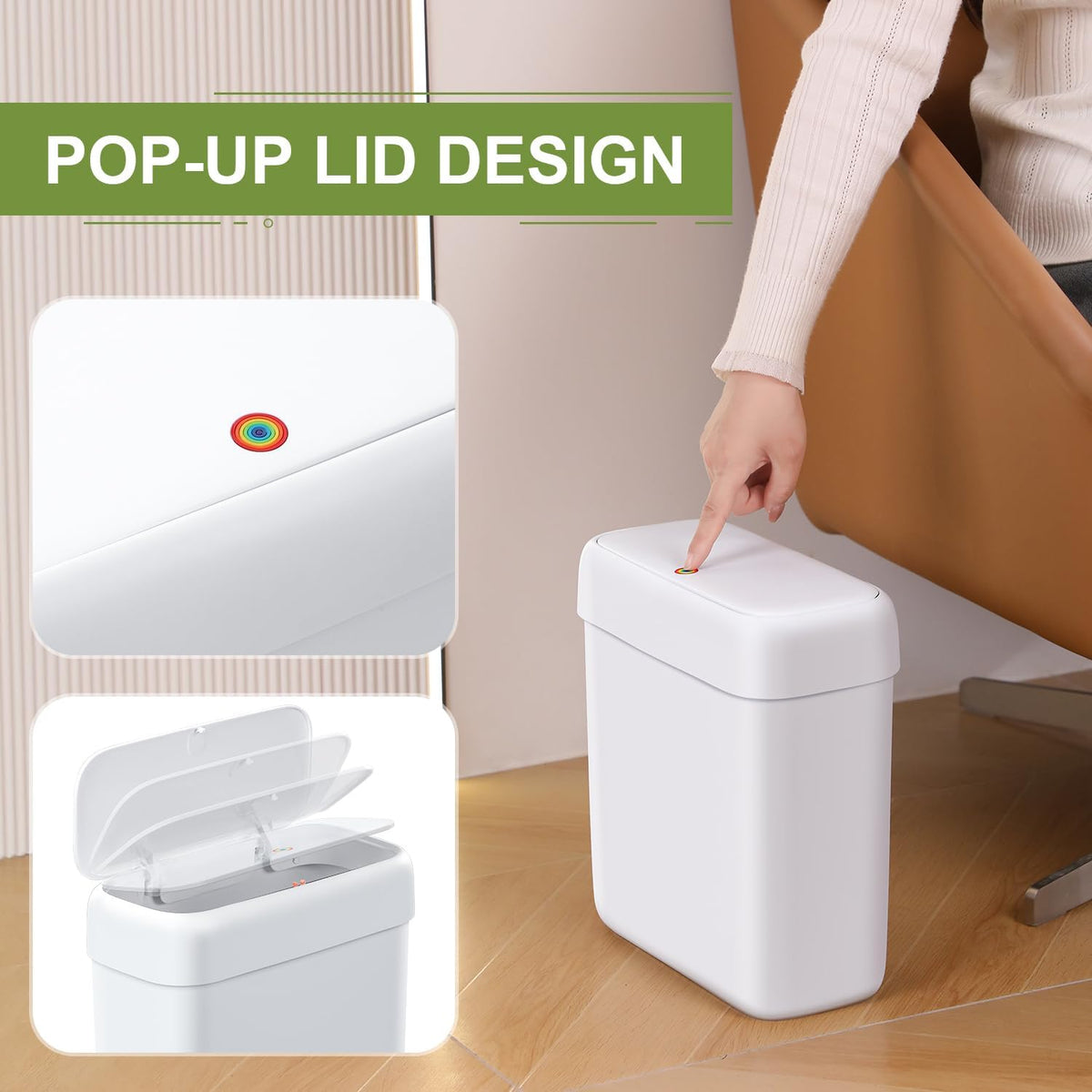 Bathroom Small Trash Can with Lid,10L / 2.7 Gallon Slim Garbage Bin Wastebasket with Press Top Lid for Bedroom,Rv,Office,Kitchen,Craft Room