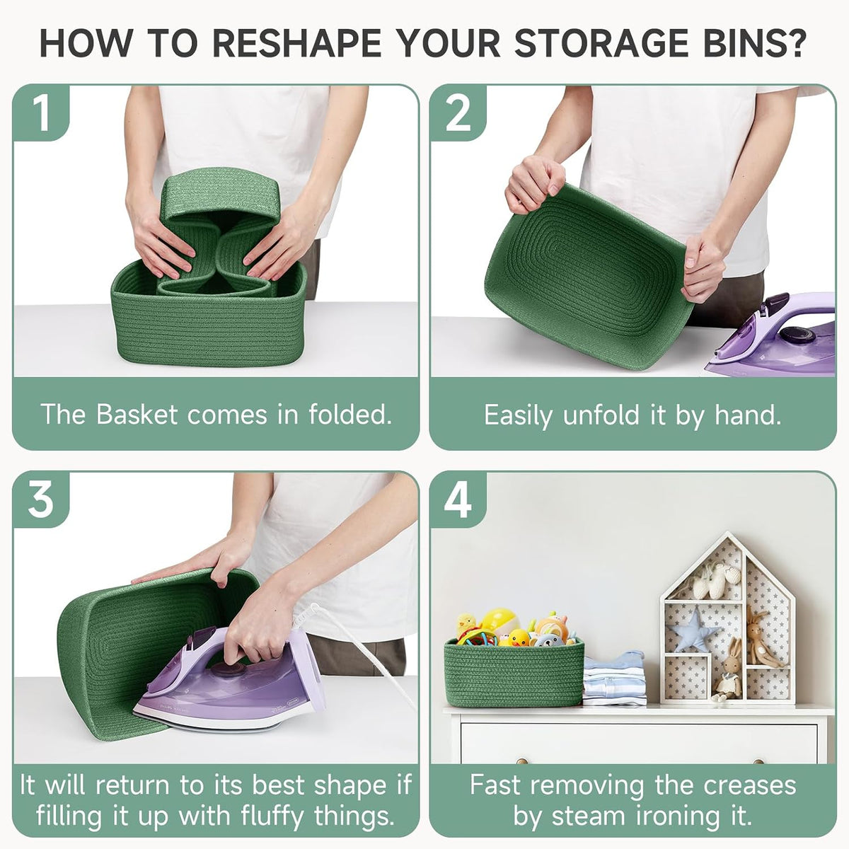 3 Pack Small Storage Baskets for Organizing, 11.8×7.8×5.1", Green
