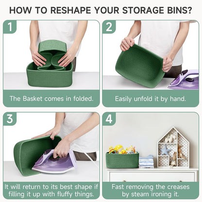 3 Pack Small Storage Baskets for Organizing, 11.8×7.8×5.1", Green