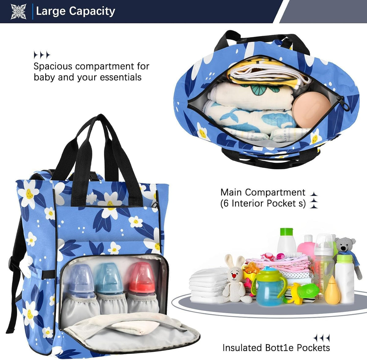 Diaper Bag Backpack, Multifunction Travel Bag for Moms Dads, Baby Changing Bag with Insulted Pockets, Stroller Straps and Side Bottle Pockets Sky Meadow Pattern