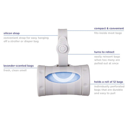 Disposable Diaper Sacks, Lavender Scented, Easy-To-Tie Tabs, Diaper Disposal or Pet Waste Bags & Retractable On the Go Bag Dispenser for Travel, Diaper Bag Accessory Must Have for Newborn