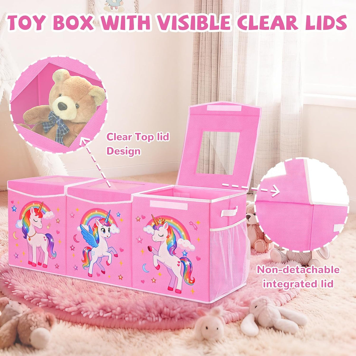 Large Toy Box Collapsible Kids Toy Chest Bins with Lid & Divider