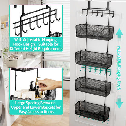 Over The Door Organizer - Hanging Door Organizer with 4 Metal Large Capacity Baskets and Adjustable Coat Hook for Bathroom Bedroom Kitchen Pantry Closet Cabinet