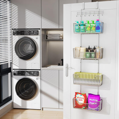 Over The Door Organizer - Hanging Door Organizer with 4 Metal Large Capacity Baskets and Adjustable Coat Hook for Bathroom Bedroom Kitchen Pantry Closet Cabinet
