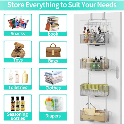 Over The Door Organizer - Hanging Door Organizer with 4 Metal Large Capacity Baskets and Adjustable Coat Hook for Bathroom Bedroom Kitchen Pantry Closet Cabinet