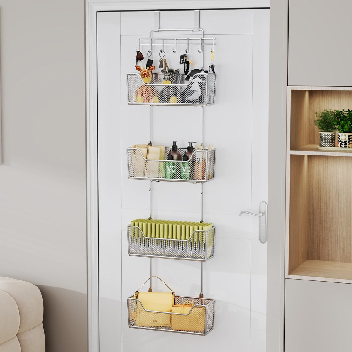 Over The Door Organizer - Hanging Door Organizer with 4 Metal Large Capacity Baskets and Adjustable Coat Hook for Bathroom Bedroom Kitchen Pantry Closet Cabinet