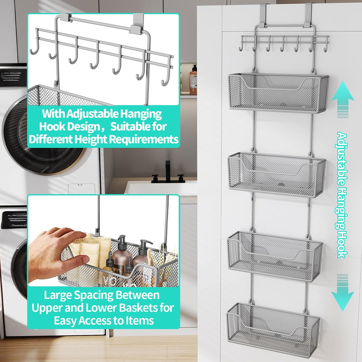 Over The Door Organizer - Hanging Door Organizer with 4 Metal Large Capacity Baskets and Adjustable Coat Hook for Bathroom Bedroom Kitchen Pantry Closet Cabinet