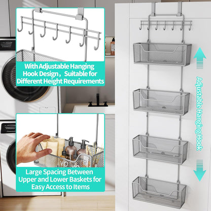 Over The Door Organizer - Hanging Door Organizer with 4 Metal Large Capacity Baskets and Adjustable Coat Hook for Bathroom Bedroom Kitchen Pantry Closet Cabinet