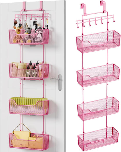 Over The Door Organizer - Hanging Door Organizer with 4 Metal Large Capacity Baskets and Adjustable Coat Hook for Bathroom Bedroom Kitchen Pantry Closet Cabinet