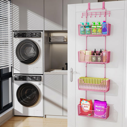Over The Door Organizer - Hanging Door Organizer with 4 Metal Large Capacity Baskets and Adjustable Coat Hook for Bathroom Bedroom Kitchen Pantry Closet Cabinet