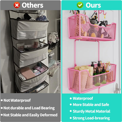 Over The Door Organizer - Hanging Door Organizer with 4 Metal Large Capacity Baskets and Adjustable Coat Hook for Bathroom Bedroom Kitchen Pantry Closet Cabinet