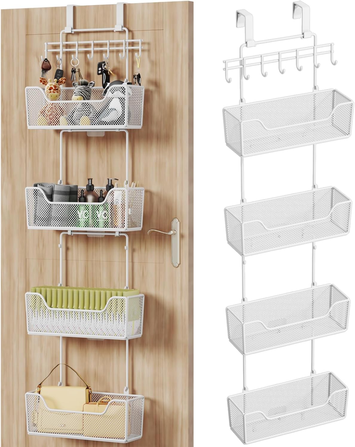 Over The Door Organizer - Hanging Door Organizer with 4 Metal Large Capacity Baskets and Adjustable Coat Hook for Bathroom Bedroom Kitchen Pantry Closet Cabinet
