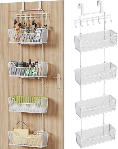 Over The Door Organizer - Hanging Door Organizer with 4 Metal Large Capacity Baskets and Adjustable Coat Hook for Bathroom Bedroom Kitchen Pantry Closet Cabinet