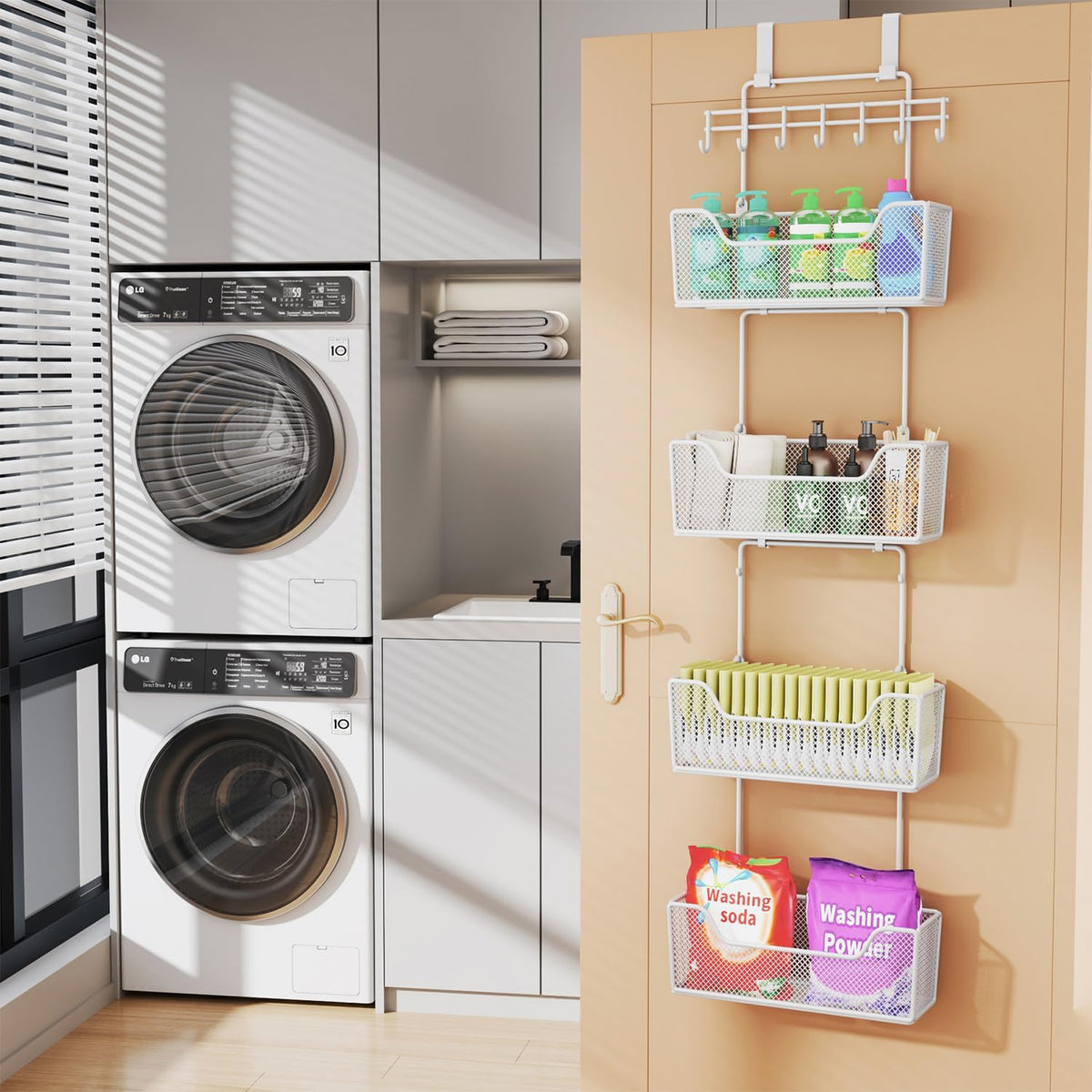 Over The Door Organizer - Hanging Door Organizer with 4 Metal Large Capacity Baskets and Adjustable Coat Hook for Bathroom Bedroom Kitchen Pantry Closet Cabinet