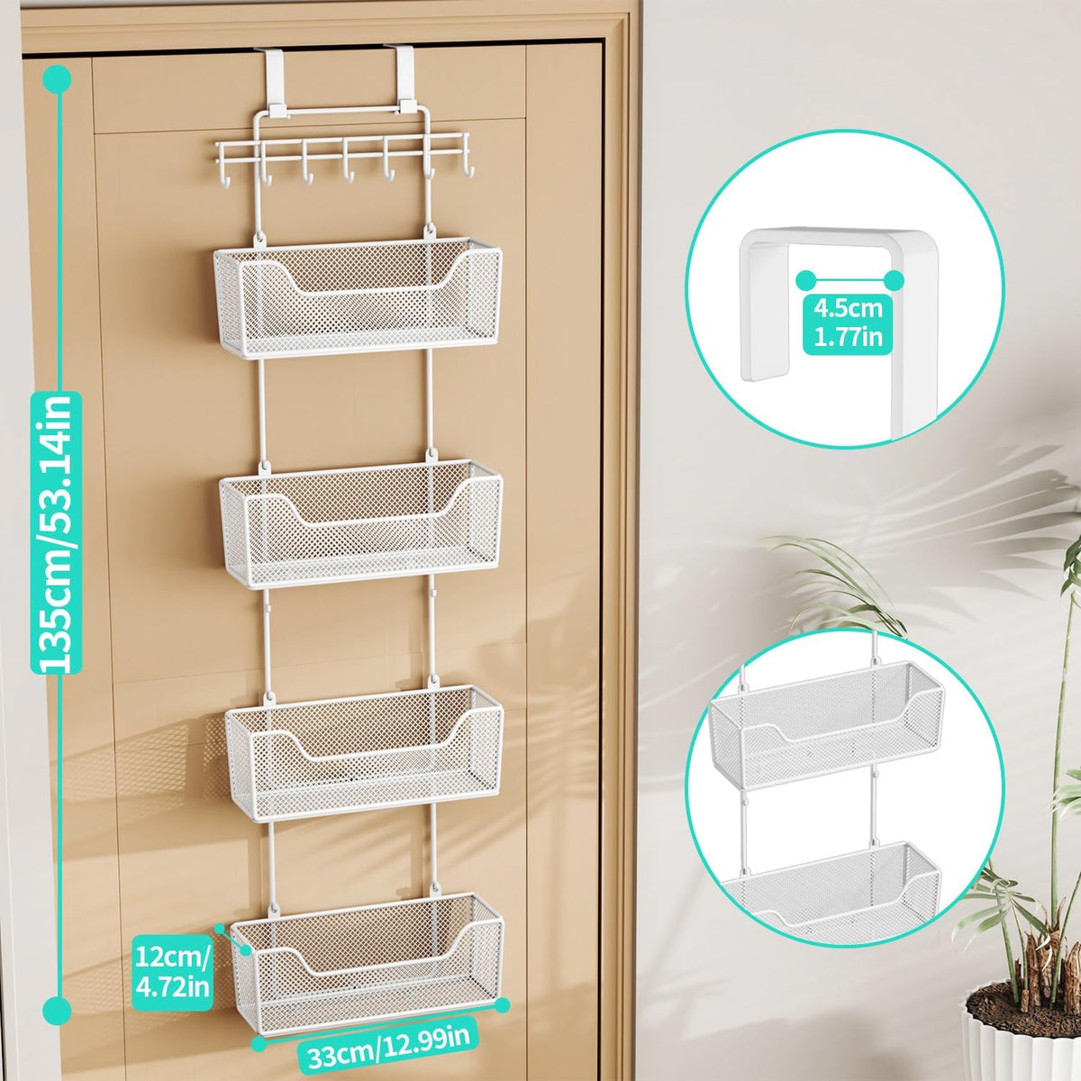Over The Door Organizer - Hanging Door Organizer with 4 Metal Large Capacity Baskets and Adjustable Coat Hook for Bathroom Bedroom Kitchen Pantry Closet Cabinet
