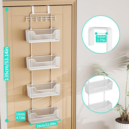 Over The Door Organizer - Hanging Door Organizer with 4 Metal Large Capacity Baskets and Adjustable Coat Hook for Bathroom Bedroom Kitchen Pantry Closet Cabinet