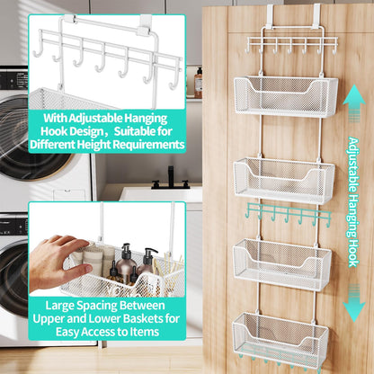Over The Door Organizer - Hanging Door Organizer with 4 Metal Large Capacity Baskets and Adjustable Coat Hook for Bathroom Bedroom Kitchen Pantry Closet Cabinet