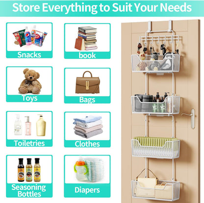Over The Door Organizer - Hanging Door Organizer with 4 Metal Large Capacity Baskets and Adjustable Coat Hook for Bathroom Bedroom Kitchen Pantry Closet Cabinet