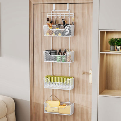 Over The Door Organizer - Hanging Door Organizer with 4 Metal Large Capacity Baskets and Adjustable Coat Hook for Bathroom Bedroom Kitchen Pantry Closet Cabinet