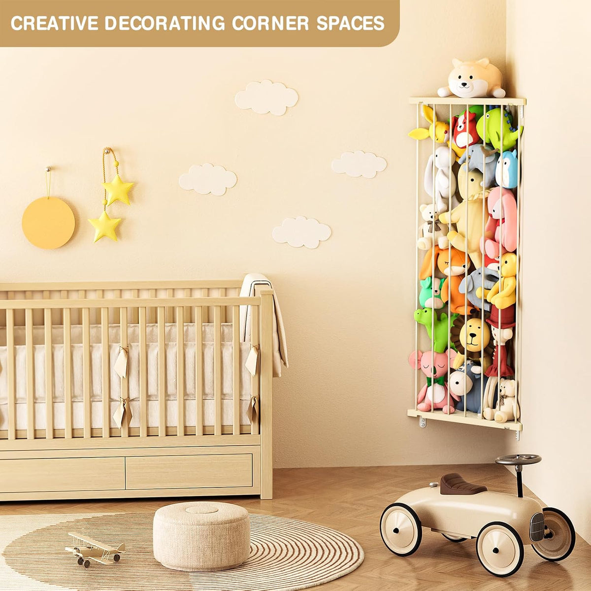 Corner Stuffed Animal Storage for Kids Room - Wall Mounted Stuffed Animal Organizer - Adjustable Plush Toy Holder Shelf for Nursery Playroom Bedroom (White)