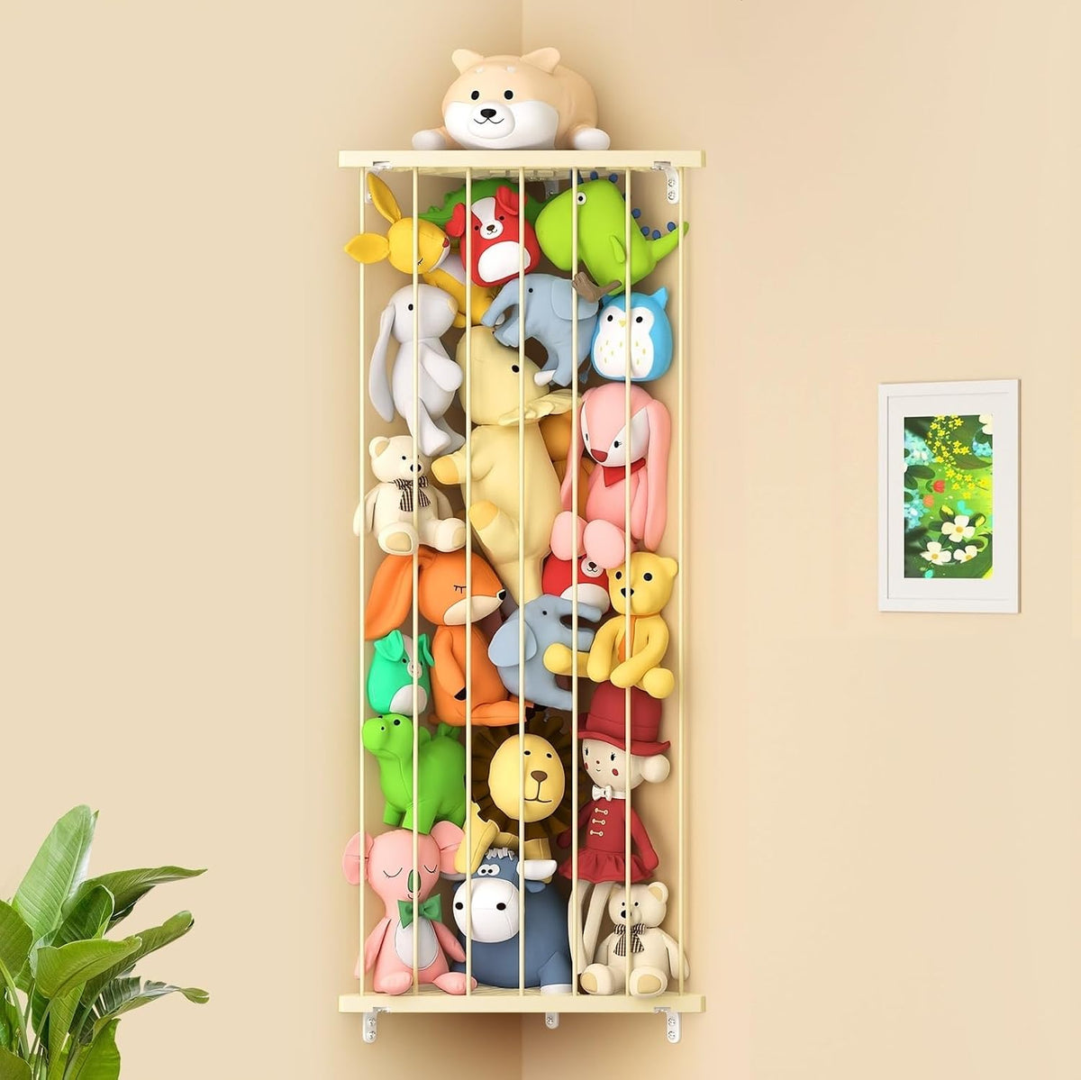 Corner Stuffed Animal Storage for Kids Room - Wall Mounted Stuffed Animal Organizer - Adjustable Plush Toy Holder Shelf for Nursery Playroom Bedroom (White)