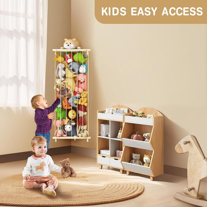 Corner Stuffed Animal Storage for Kids Room - Wall Mounted Stuffed Animal Organizer - Adjustable Plush Toy Holder Shelf for Nursery Playroom Bedroom (White)
