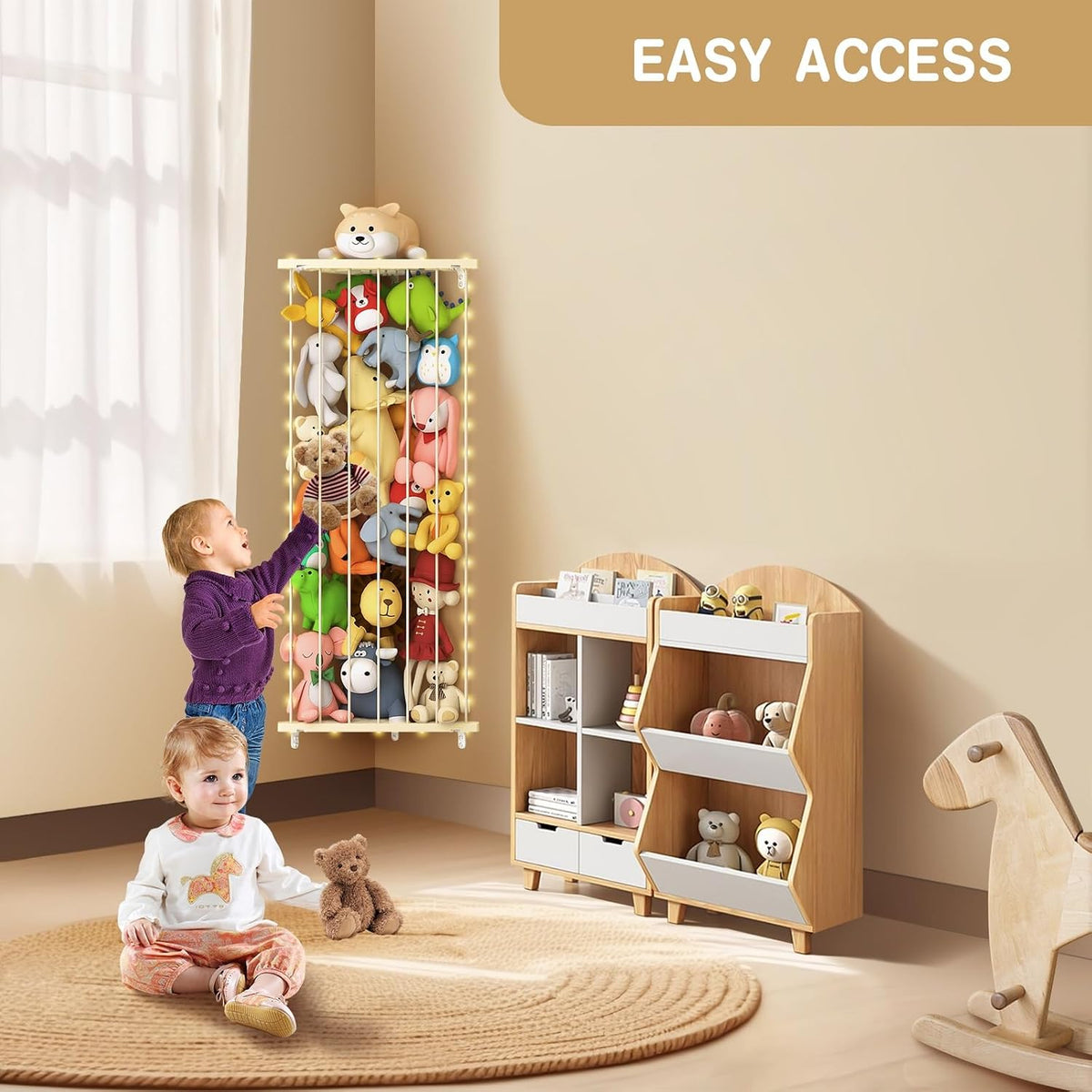 Corner Stuffed Animal Storage for Kids Room - Wall Mounted Stuffed Animal Organizer - Adjustable Plush Toy Holder Shelf for Nursery Playroom Bedroom (White)