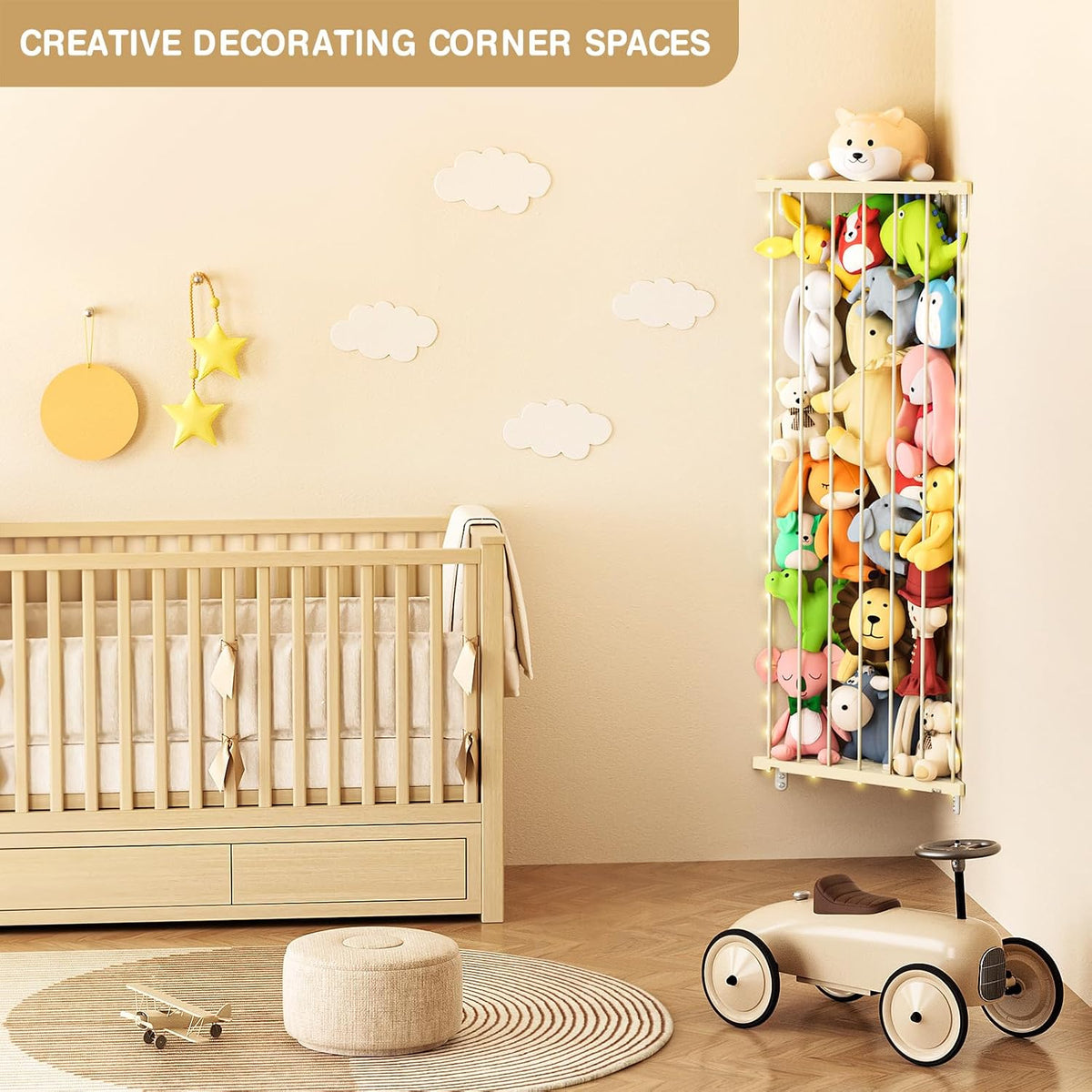 Corner Stuffed Animal Storage for Kids Room - Wall Mounted Stuffed Animal Organizer - Adjustable Plush Toy Holder Shelf for Nursery Playroom Bedroom (White)