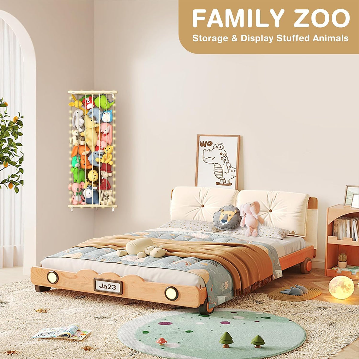 Corner Stuffed Animal Storage for Kids Room - Wall Mounted Stuffed Animal Organizer - Adjustable Plush Toy Holder Shelf for Nursery Playroom Bedroom (White)