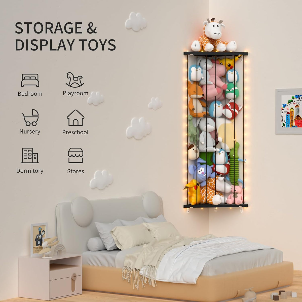 Corner Stuffed Animal Storage for Kids Room - Wall Mounted Stuffed Animal Organizer - Adjustable Plush Toy Holder Shelf for Nursery Playroom Bedroom (White)
