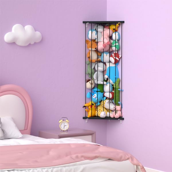 Corner Stuffed Animal Storage for Kids Room - Wall Mounted Stuffed Animal Organizer - Adjustable Plush Toy Holder Shelf for Nursery Playroom Bedroom (White)