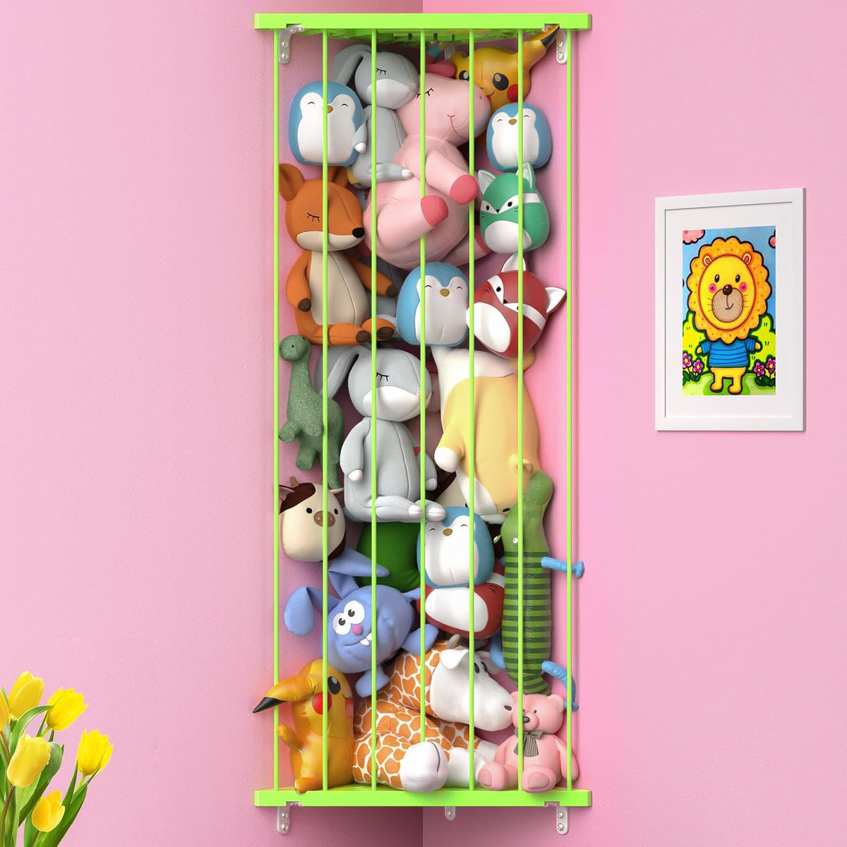 Corner Stuffed Animal Storage for Kids Room - Wall Mounted Stuffed Animal Organizer - Adjustable Plush Toy Holder Shelf for Nursery Playroom Bedroom (White)