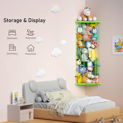 Corner Stuffed Animal Storage for Kids Room - Wall Mounted Stuffed Animal Organizer - Adjustable Plush Toy Holder Shelf for Nursery Playroom Bedroom (White)