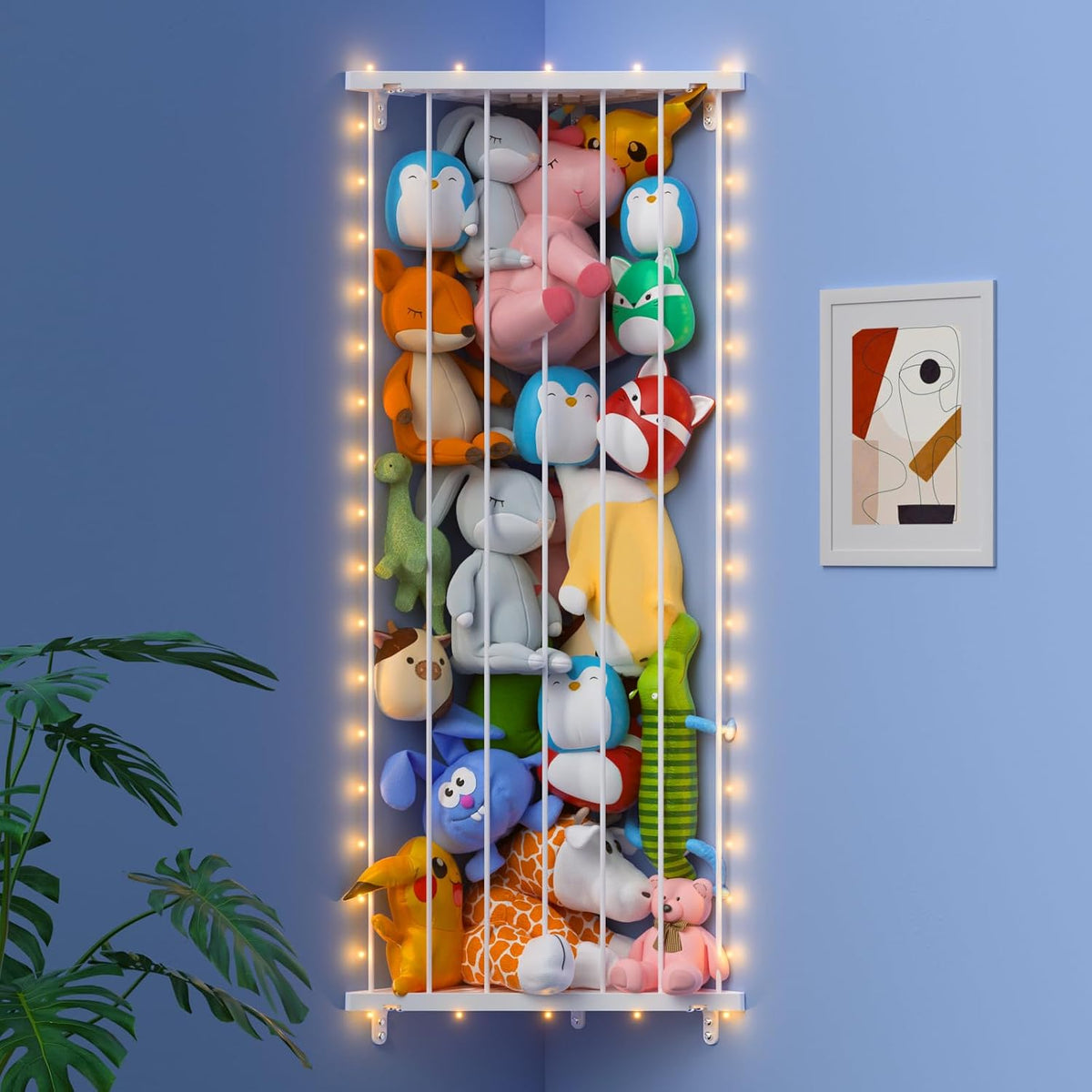 Corner Stuffed Animal Storage for Kids Room - Wall Mounted Stuffed Animal Organizer - Adjustable Plush Toy Holder Shelf for Nursery Playroom Bedroom (White)