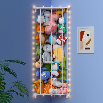 Corner Stuffed Animal Storage for Kids Room - Wall Mounted Stuffed Animal Organizer - Adjustable Plush Toy Holder Shelf for Nursery Playroom Bedroom (White)