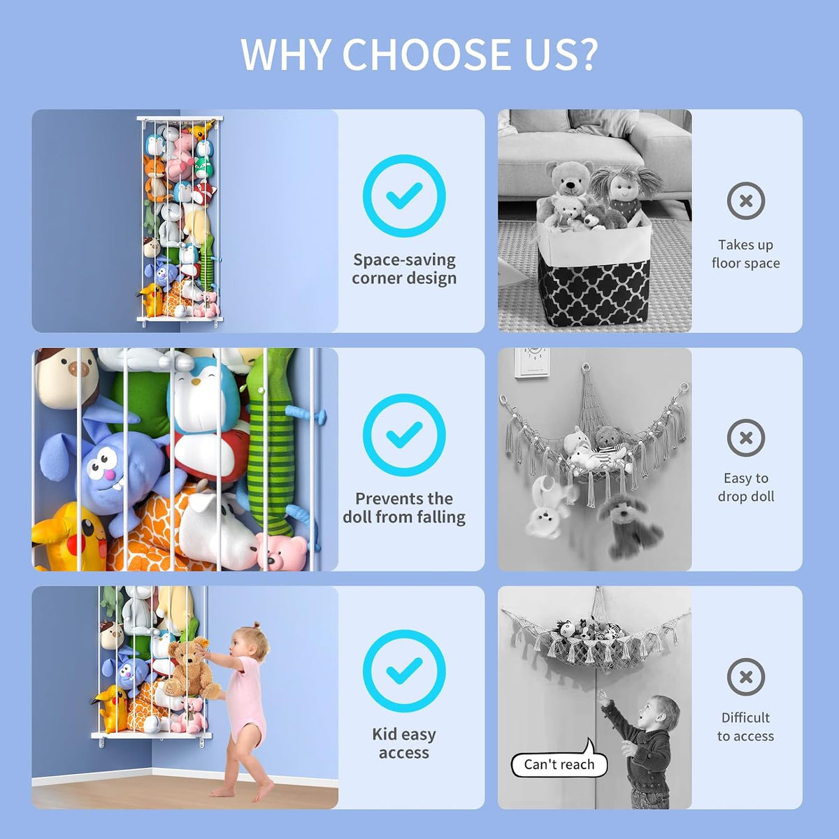 Corner Stuffed Animal Storage for Kids Room - Wall Mounted Stuffed Animal Organizer - Adjustable Plush Toy Holder Shelf for Nursery Playroom Bedroom (White)