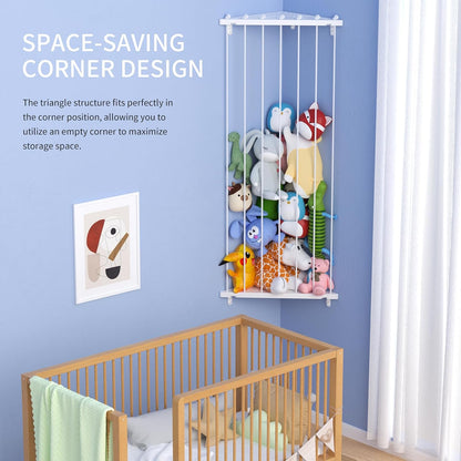 Corner Stuffed Animal Storage for Kids Room - Wall Mounted Stuffed Animal Organizer - Adjustable Plush Toy Holder Shelf for Nursery Playroom Bedroom (White)