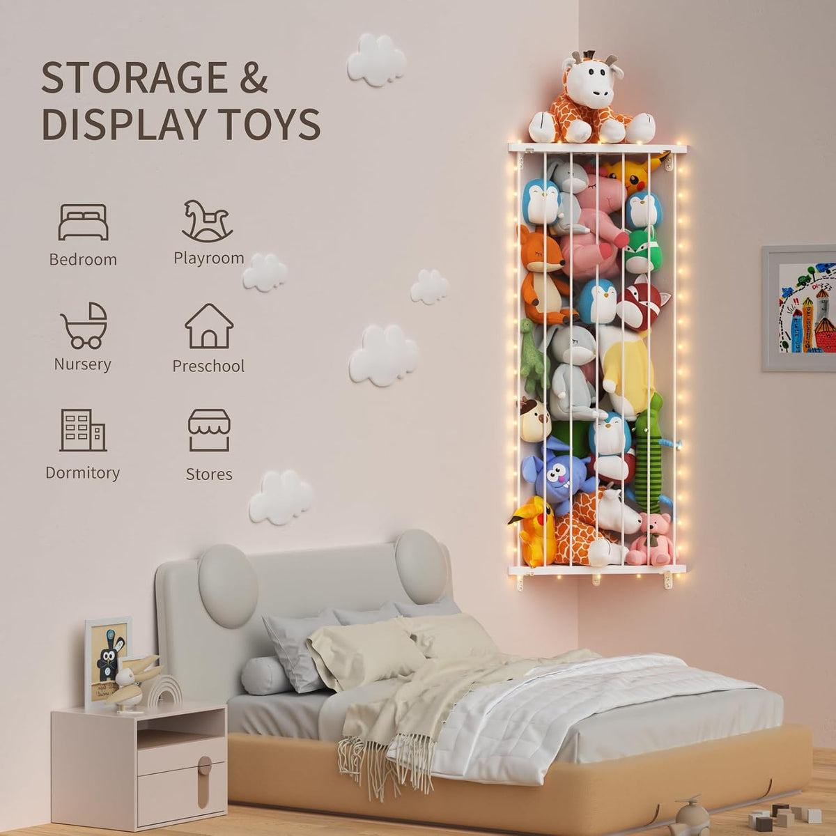 Corner Stuffed Animal Storage for Kids Room - Wall Mounted Stuffed Animal Organizer - Adjustable Plush Toy Holder Shelf for Nursery Playroom Bedroom (White)