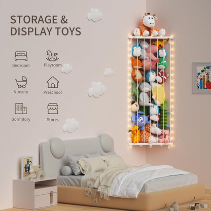Corner Stuffed Animal Storage for Kids Room - Wall Mounted Stuffed Animal Organizer - Adjustable Plush Toy Holder Shelf for Nursery Playroom Bedroom (White)