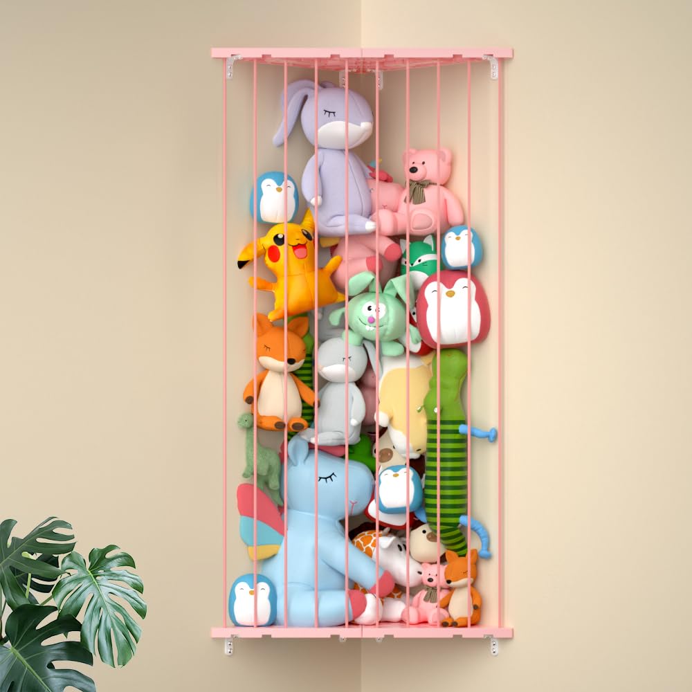 Corner Stuffed Animal Storage for Kids Room - Wall Mounted Stuffed Animal Organizer - Adjustable Plush Toy Holder Shelf for Nursery Playroom Bedroom (White)