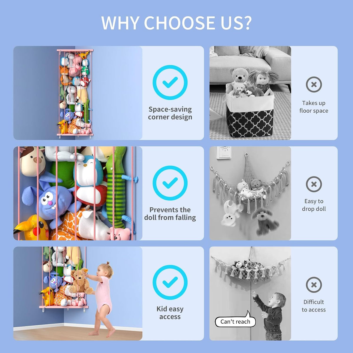 Corner Stuffed Animal Storage for Kids Room - Wall Mounted Stuffed Animal Organizer - Adjustable Plush Toy Holder Shelf for Nursery Playroom Bedroom (White)