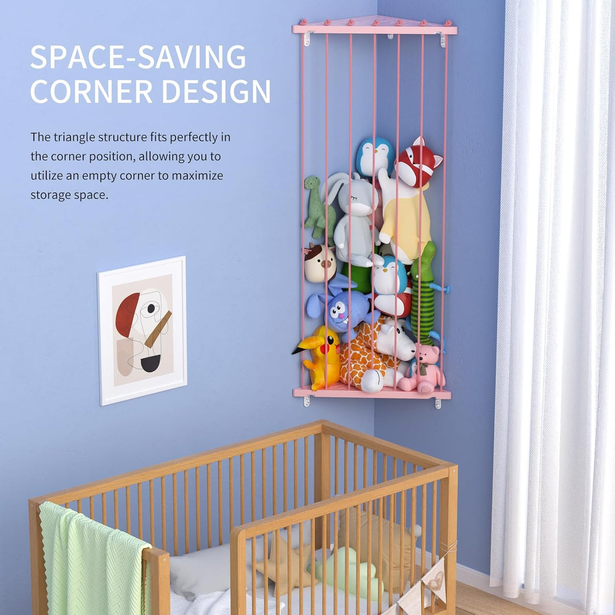 Corner Stuffed Animal Storage for Kids Room - Wall Mounted Stuffed Animal Organizer - Adjustable Plush Toy Holder Shelf for Nursery Playroom Bedroom (White)