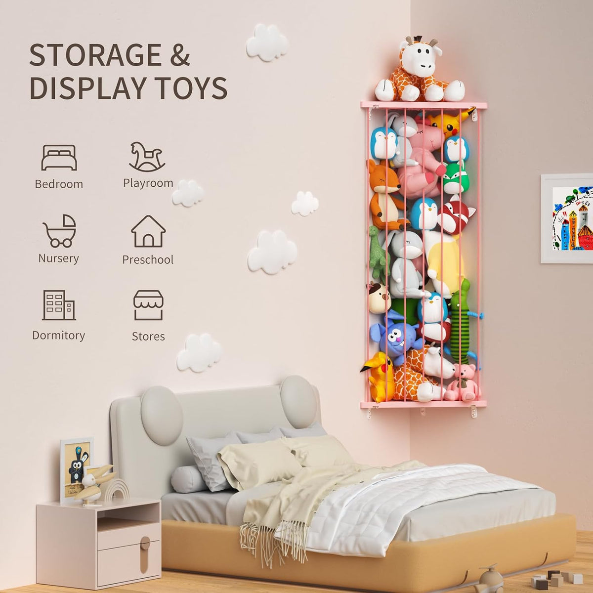 Corner Stuffed Animal Storage for Kids Room - Wall Mounted Stuffed Animal Organizer - Adjustable Plush Toy Holder Shelf for Nursery Playroom Bedroom (White)