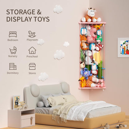 Corner Stuffed Animal Storage for Kids Room - Wall Mounted Stuffed Animal Organizer - Adjustable Plush Toy Holder Shelf for Nursery Playroom Bedroom (White)