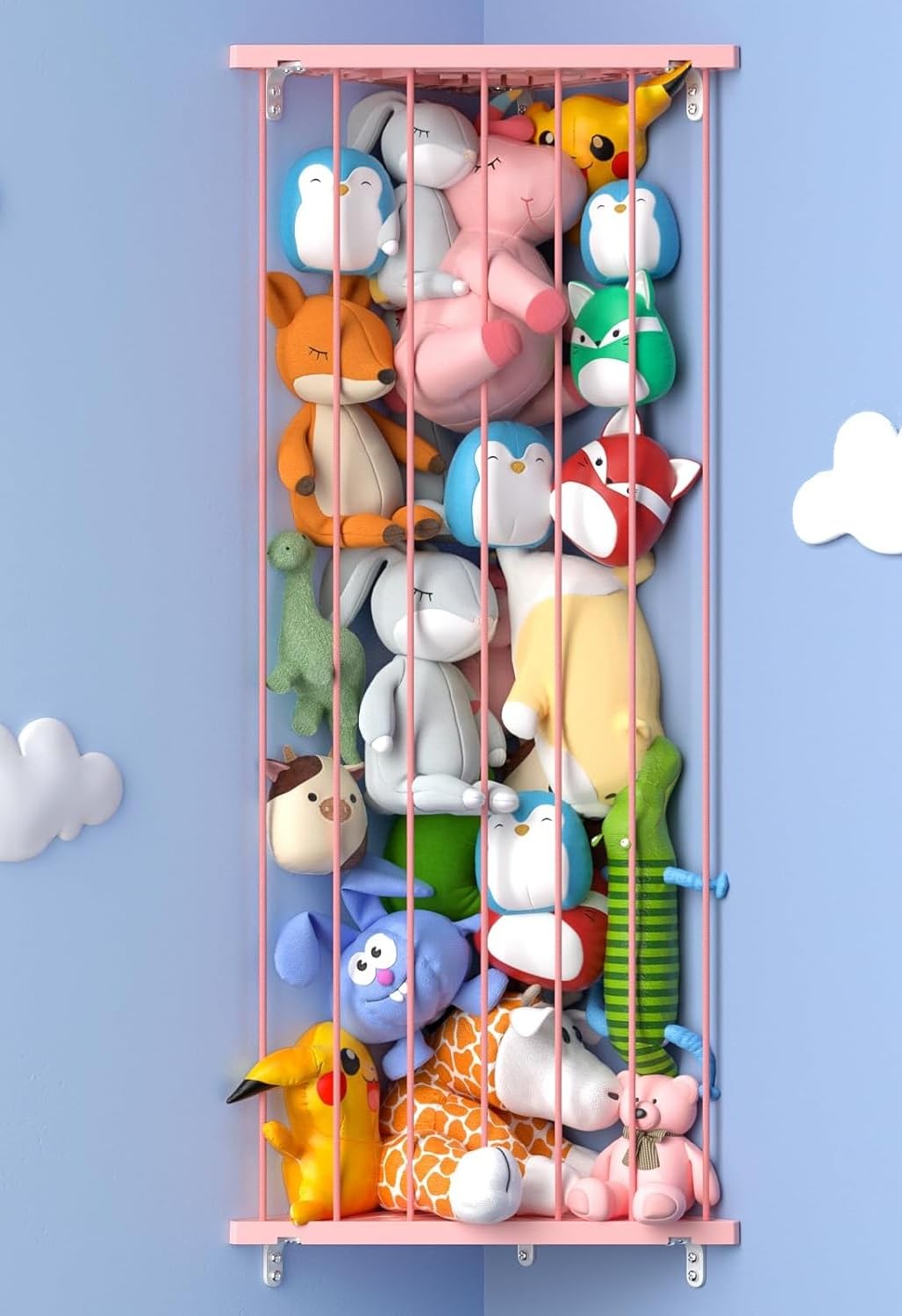 Corner Stuffed Animal Storage for Kids Room - Wall Mounted Stuffed Animal Organizer - Adjustable Plush Toy Holder Shelf for Nursery Playroom Bedroom (White)