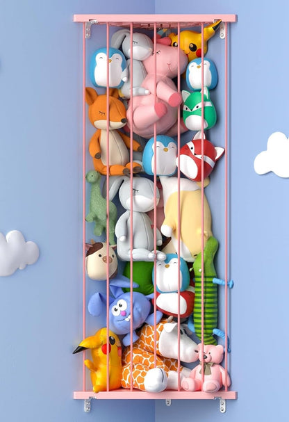 Corner Stuffed Animal Storage for Kids Room - Wall Mounted Stuffed Animal Organizer - Adjustable Plush Toy Holder Shelf for Nursery Playroom Bedroom (White)
