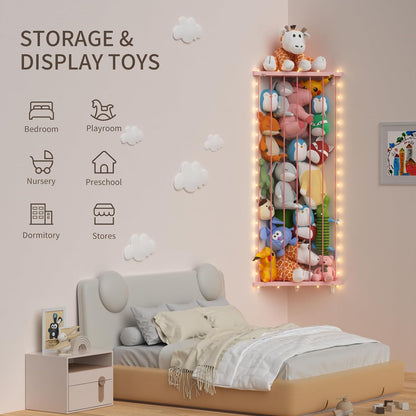 Corner Stuffed Animal Storage for Kids Room - Wall Mounted Stuffed Animal Organizer - Adjustable Plush Toy Holder Shelf for Nursery Playroom Bedroom (White)