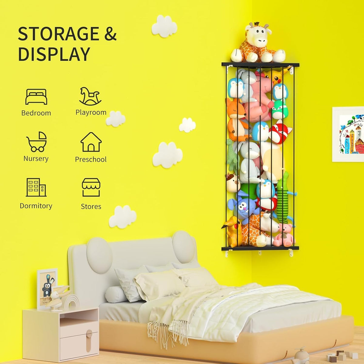 Corner Stuffed Animal Storage for Kids Room - Wall Mounted Stuffed Animal Organizer - Adjustable Plush Toy Holder Shelf for Nursery Playroom Bedroom (White)